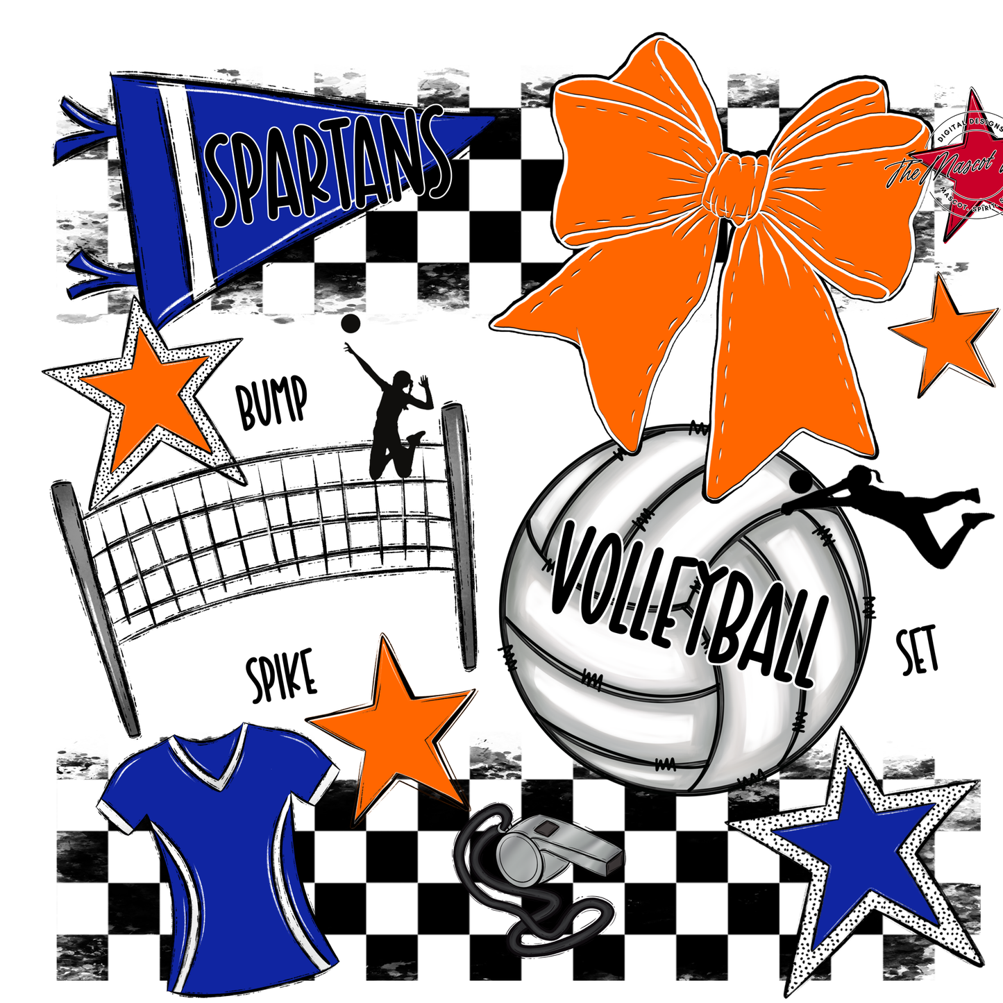 Spartans Checkers Volleyball Spirit Design-Royal Blue-Orange