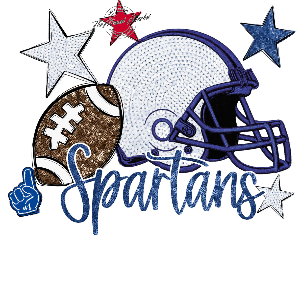 Spartans Football Embroidered Sequins Design-Off Blue