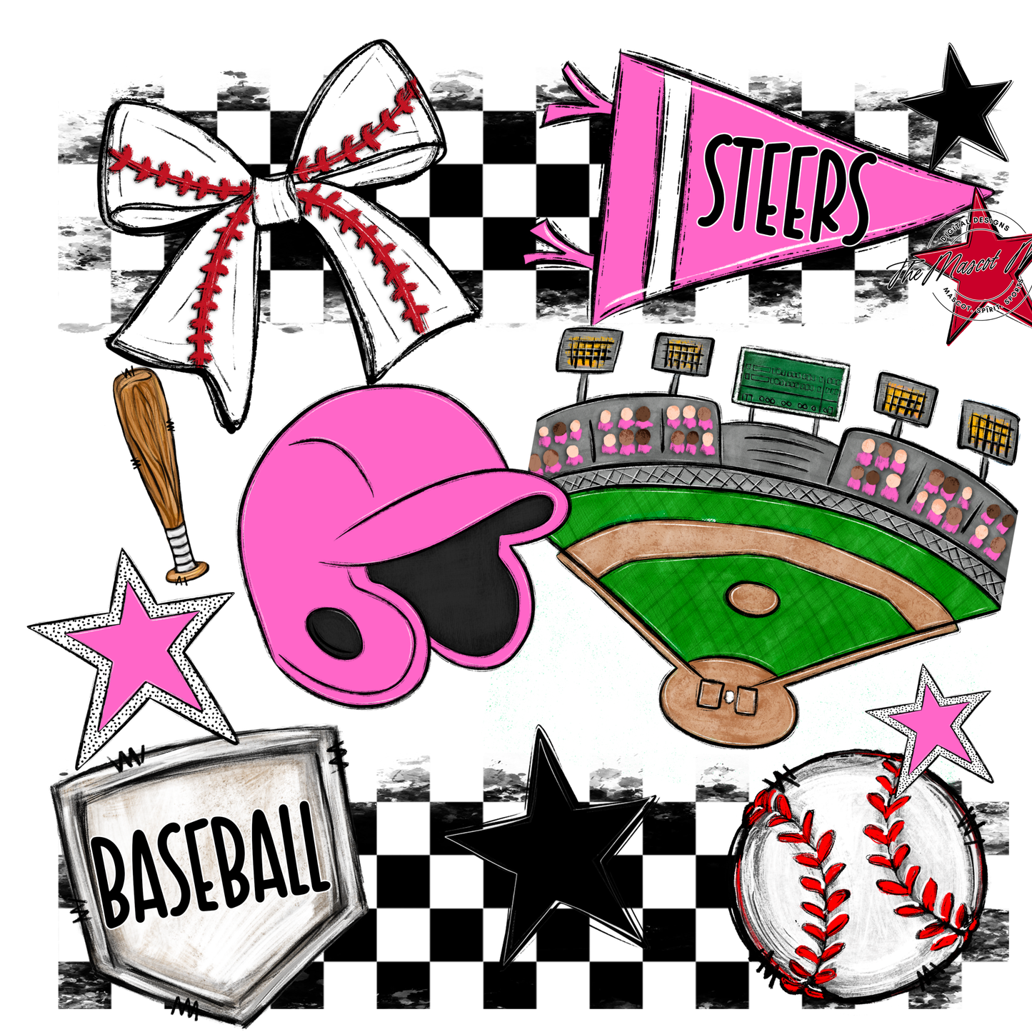 Steers Checkers Baseball Spirit Design-Baby Pink