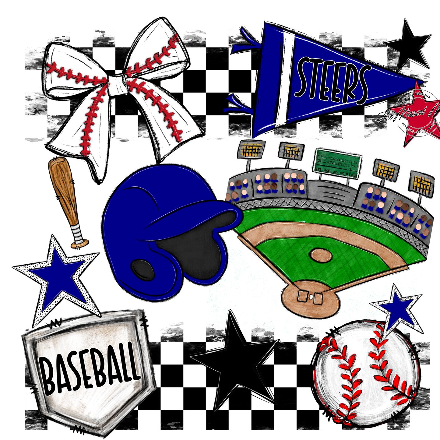 Steers Checkers Baseball Spirit Design-Blue