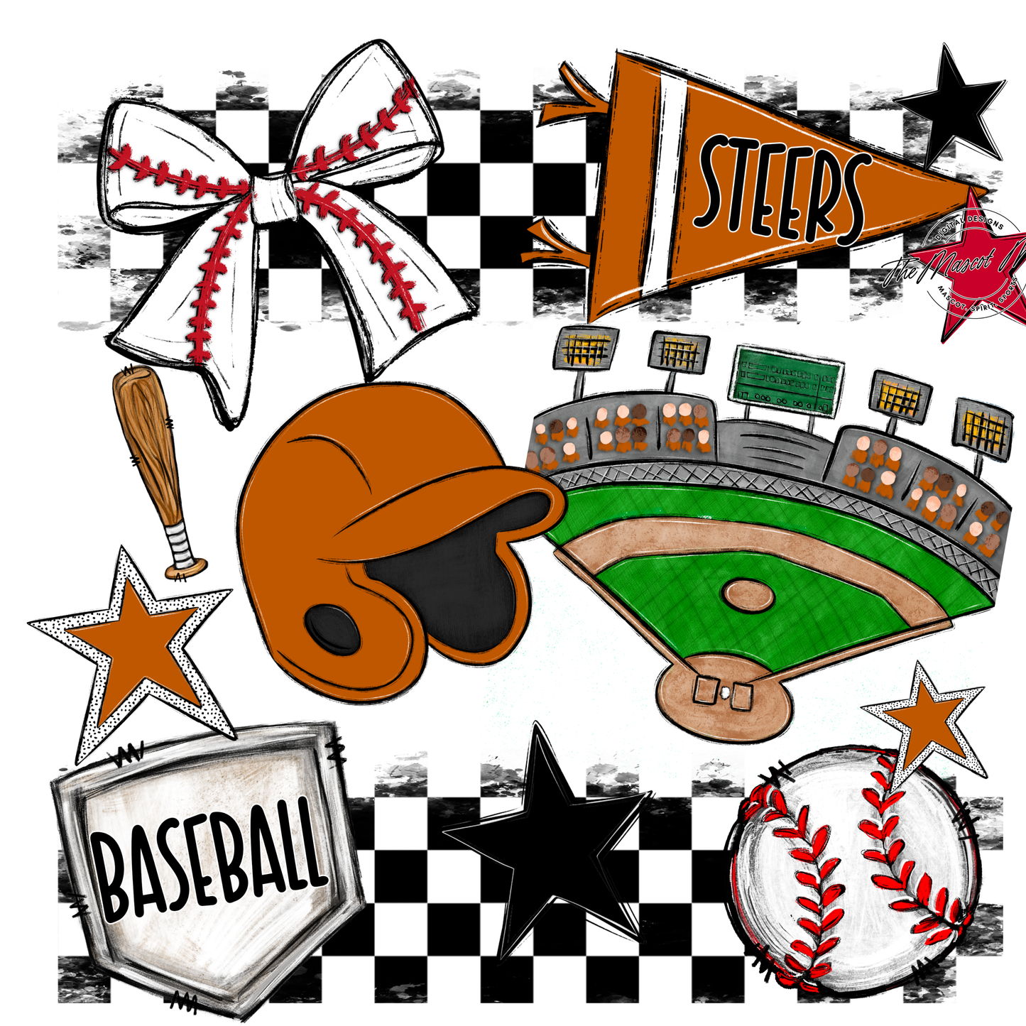 Steers Checkers Baseball Spirit Design-Burnt Orange