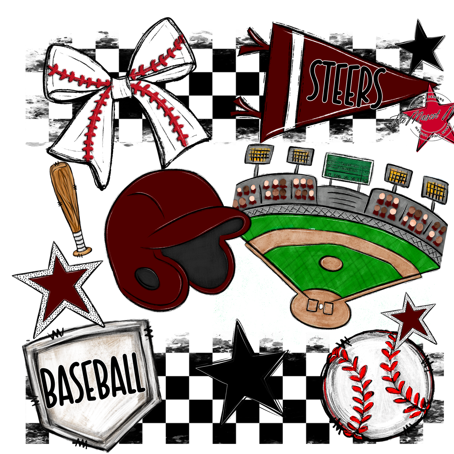 Steers Checkers Baseball Spirit Design-Maroon