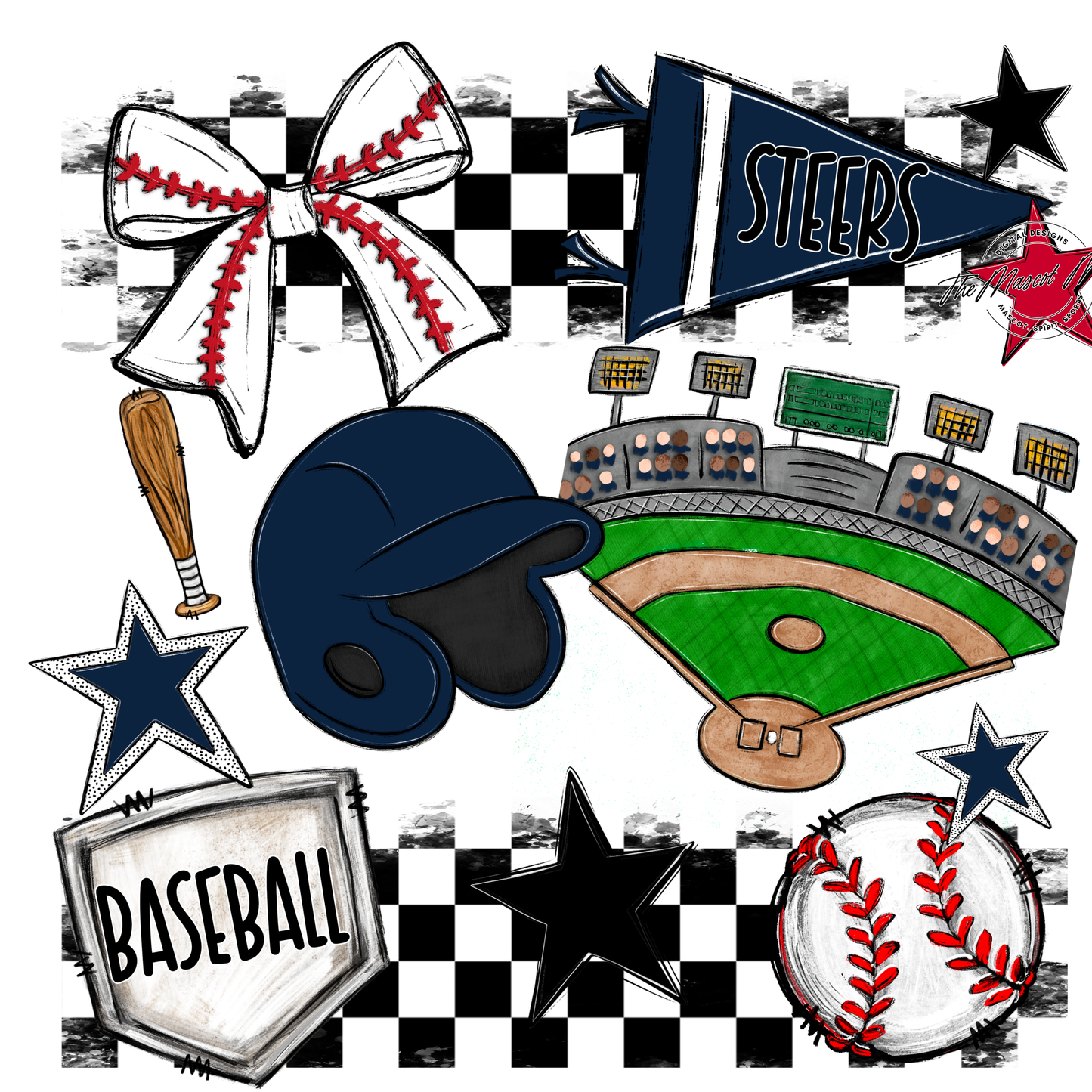 Steers Checkers Baseball Spirit Design-Navy