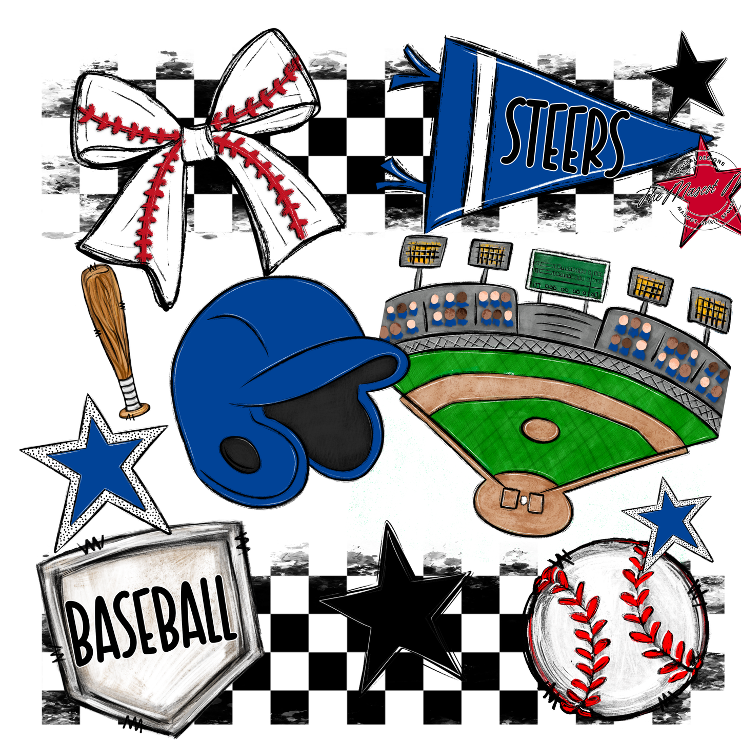 Steers Checkers Baseball Spirit Design-Off Blue