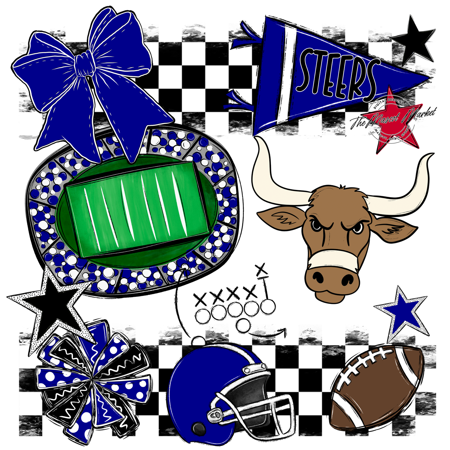 Steers Checkers Mascot Spirit Design-Blue
