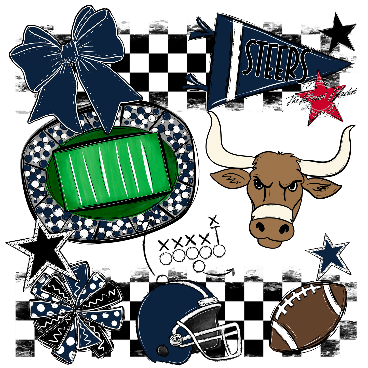 Steers Checkers Mascot Spirit Design-Navy