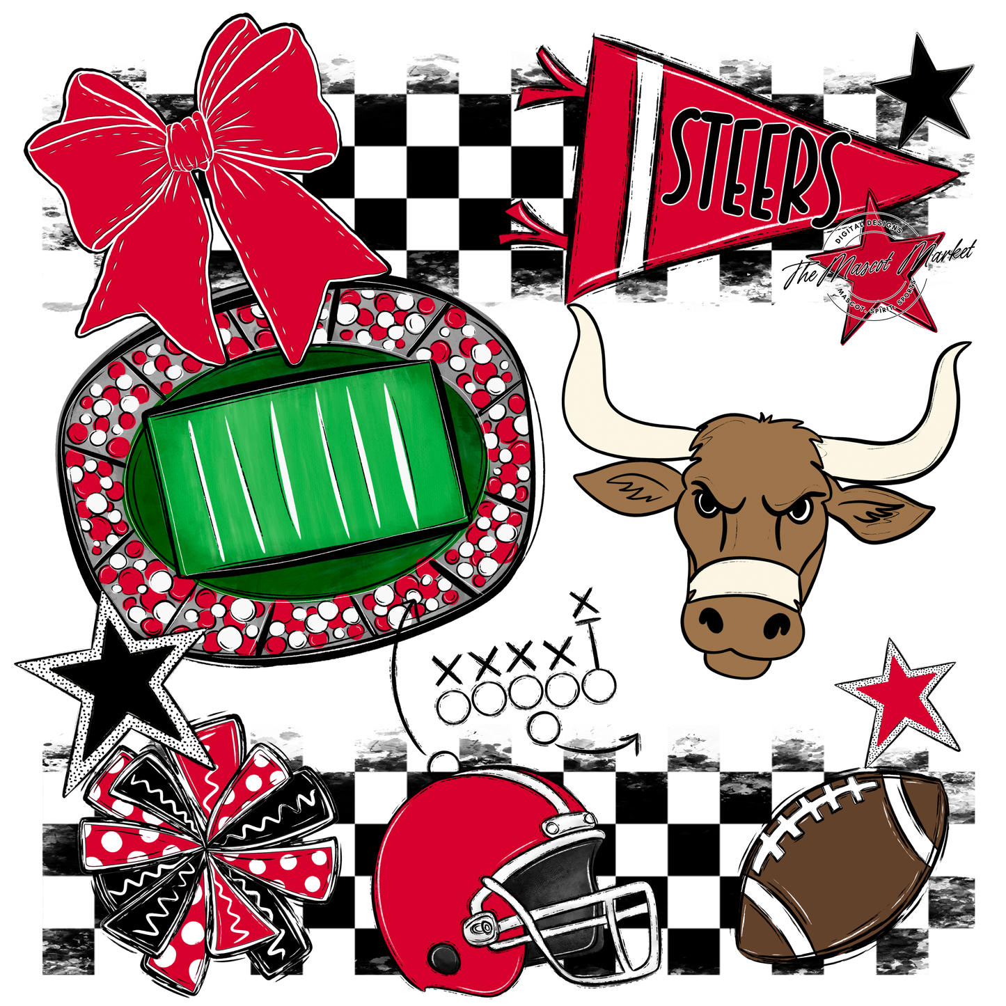 Steers Checkers Mascot Spirit Design-Red
