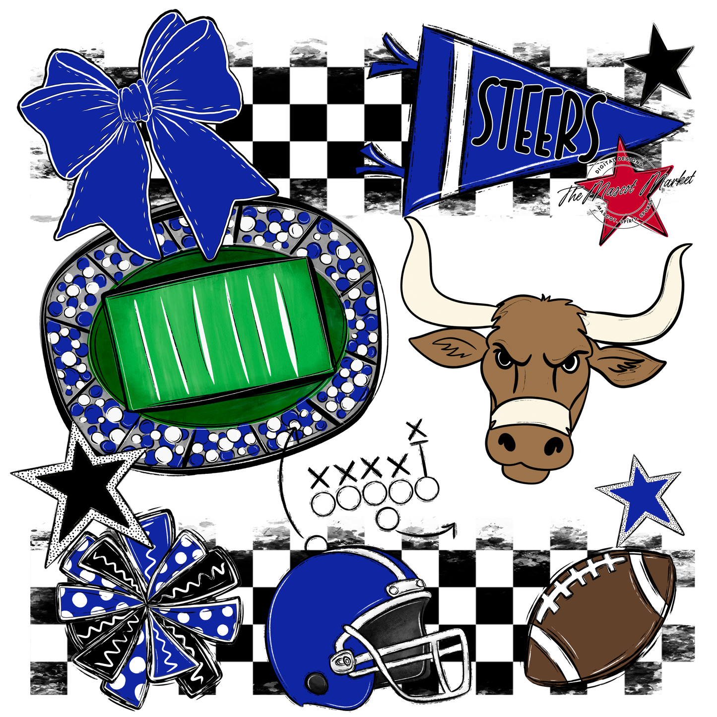 Steers Checkers Mascot Spirit Design-Royal Blue