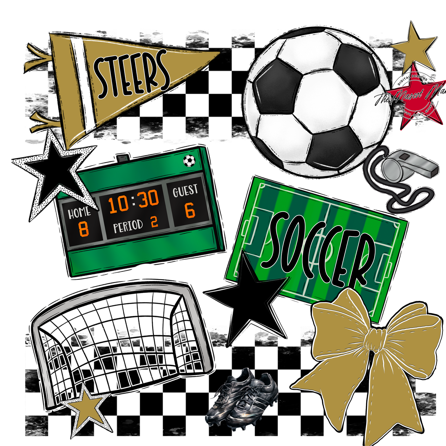 Steers Checkers Soccer Spirit Design-Gold