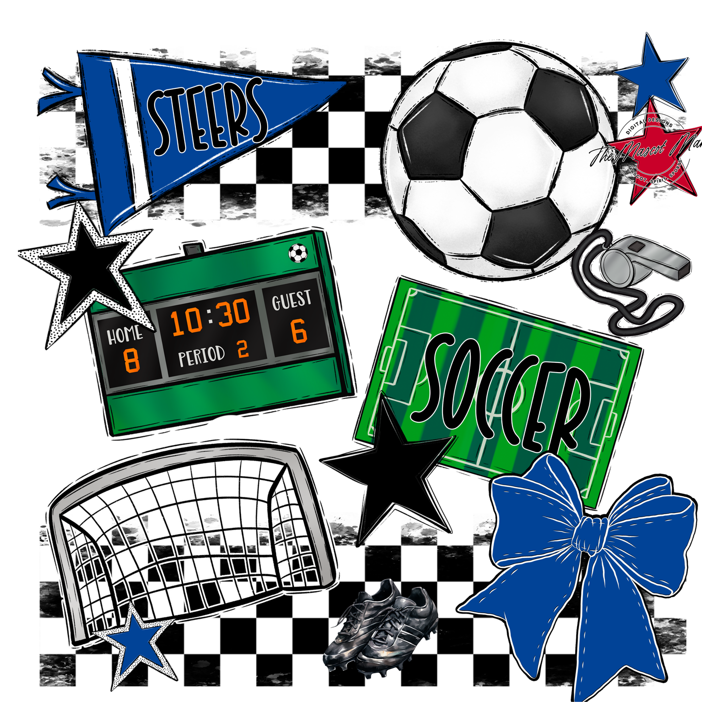 Steers Checkers Soccer Spirit Design-Off Blue