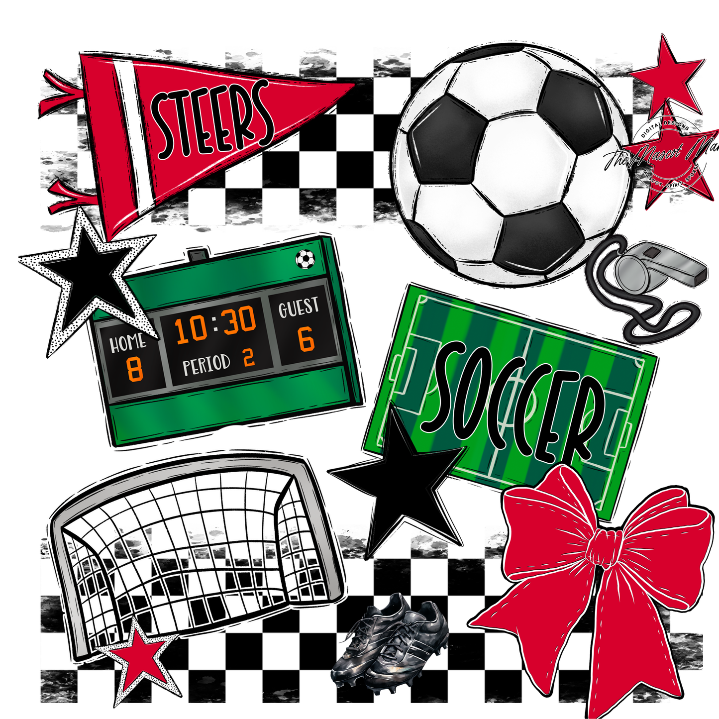 Steers Checkers Soccer Spirit Design-Red