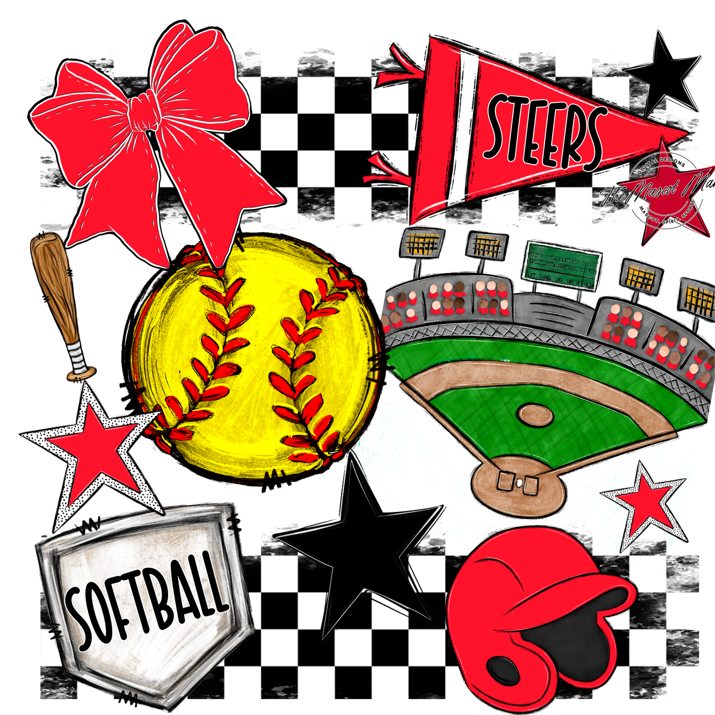 Steers Checkers Softball Spirit Design-Bright Red
