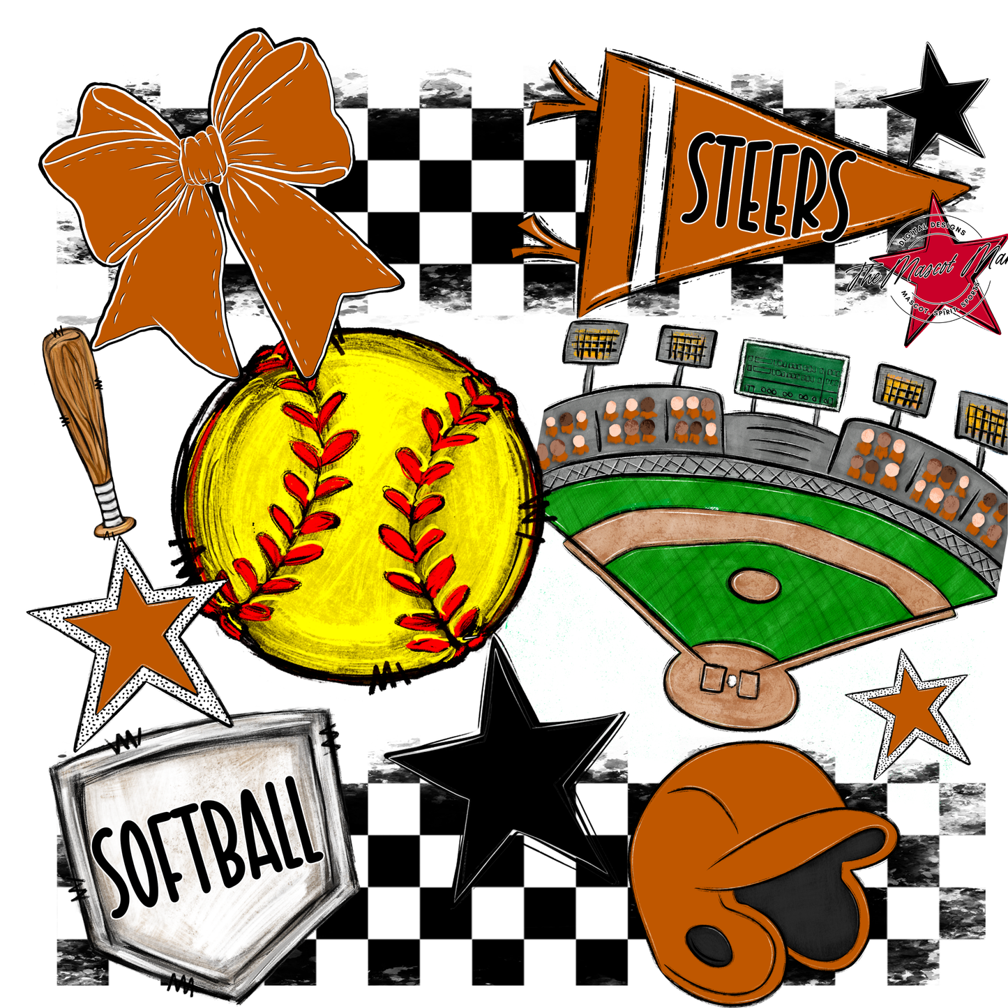 Steers Checkers Softball Spirit Design-Burnt Orange