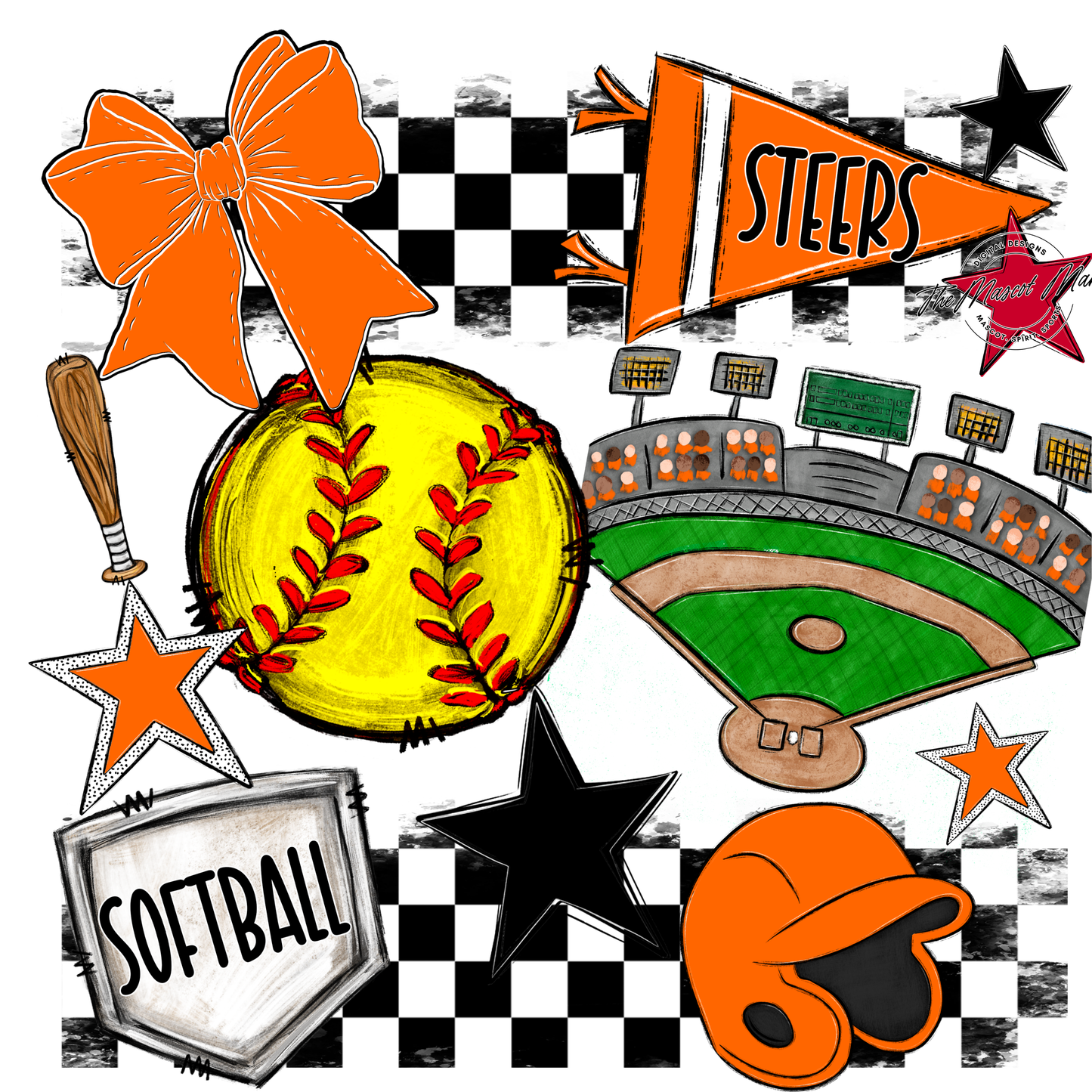Steers Checkers Softball Spirit Design-Orange