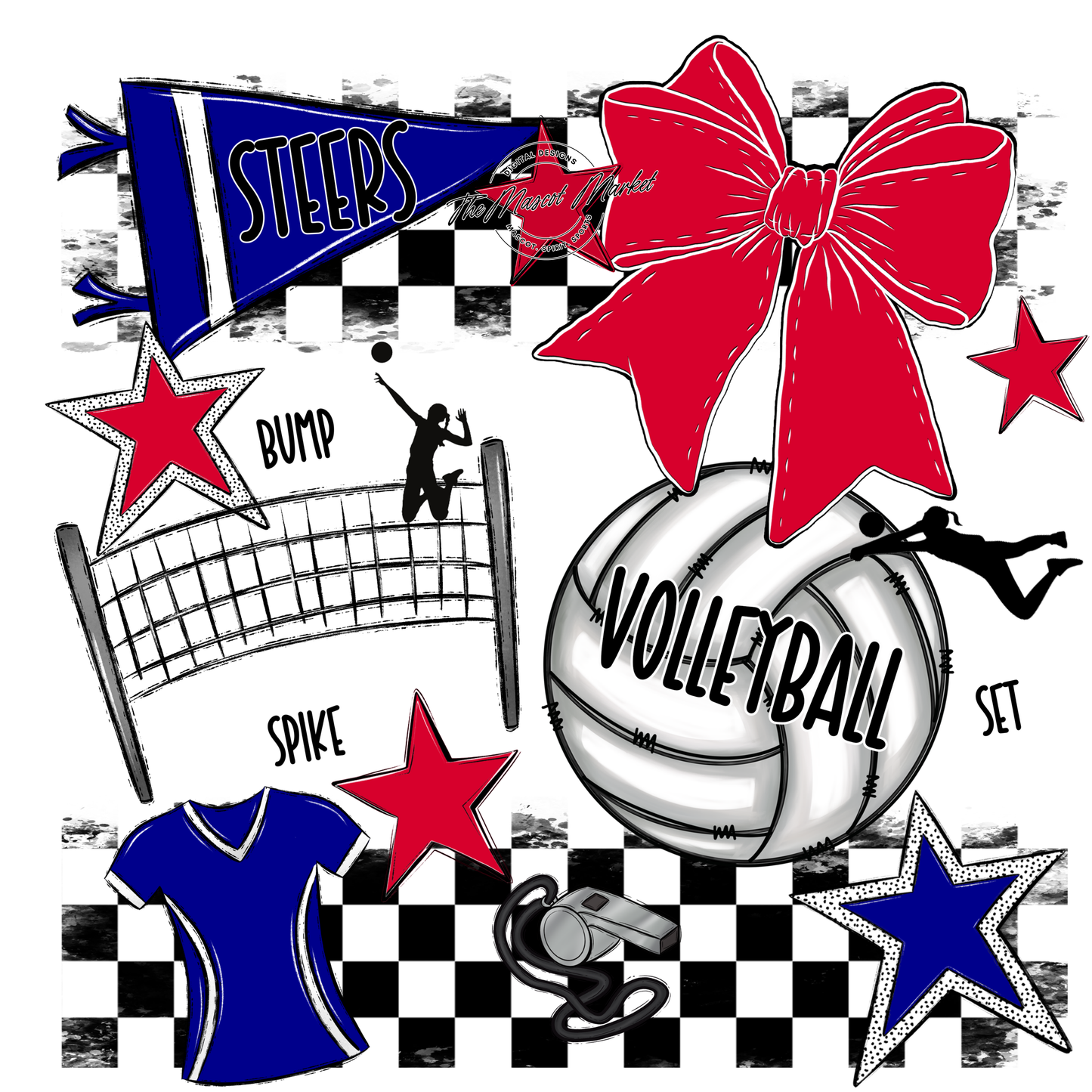 Steers Checkers Volleyball Spirit Design-Blue-Red