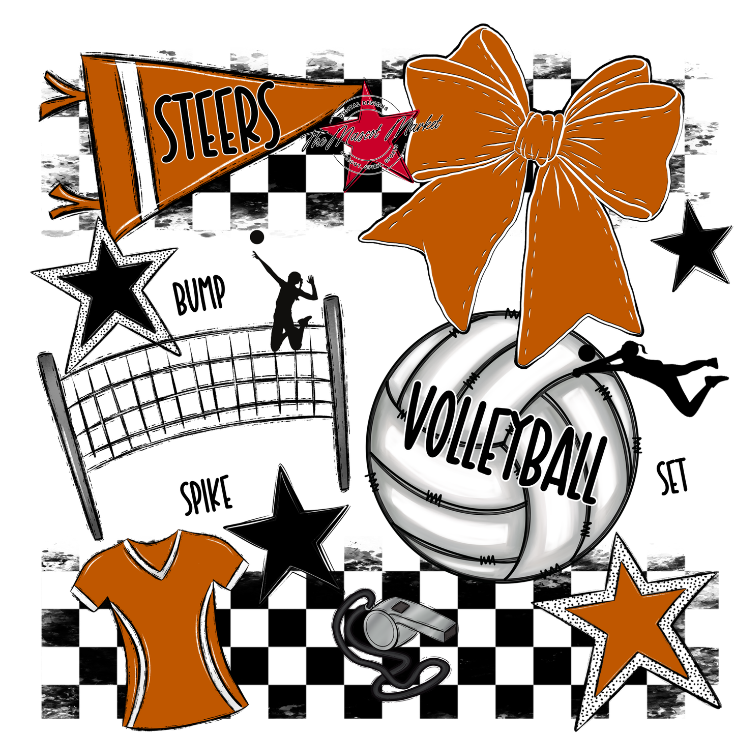 Steers Checkers Volleyball Spirit Design-Burnt Orange