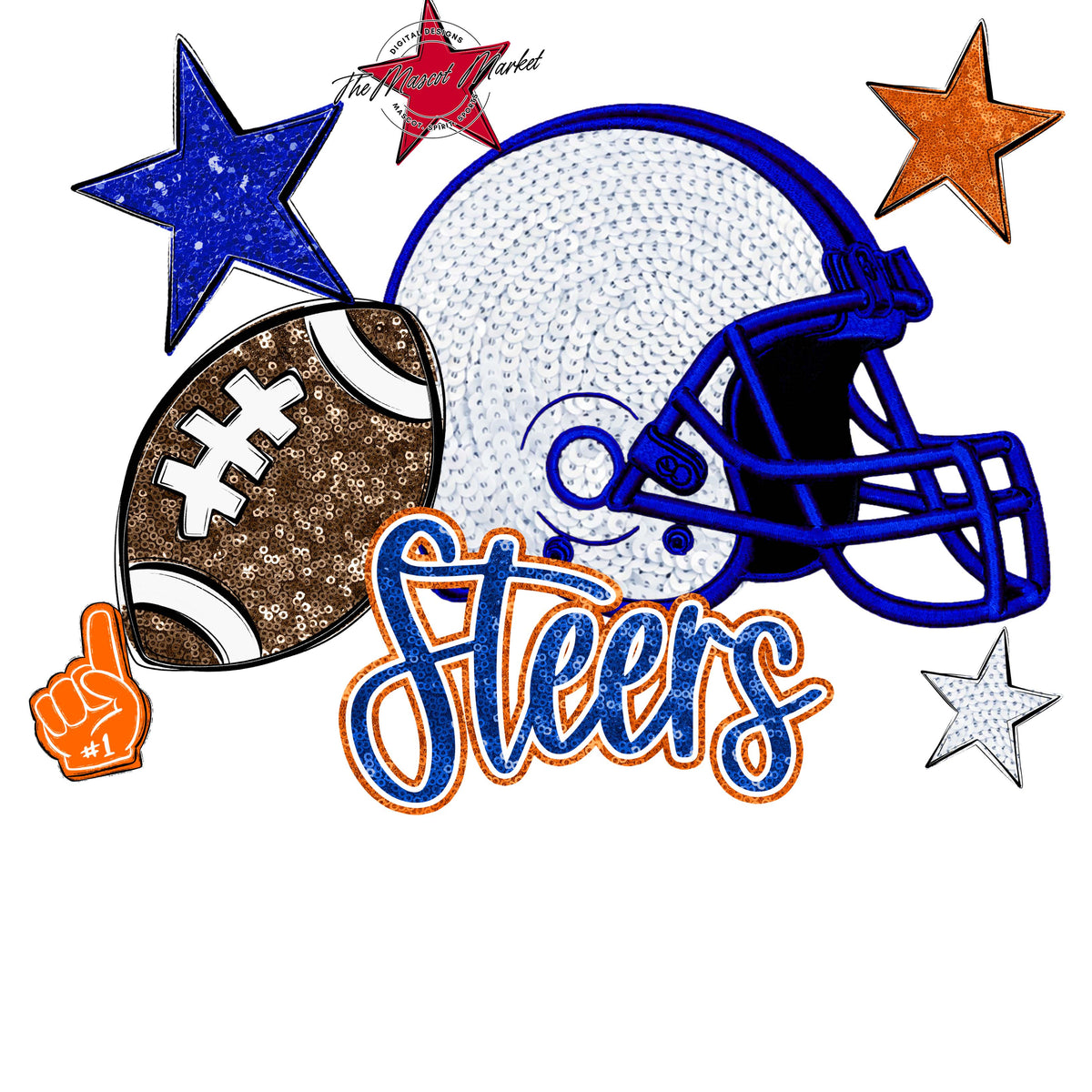 Steers Football Embroidered Sequins Design-Royal Blue & Orange