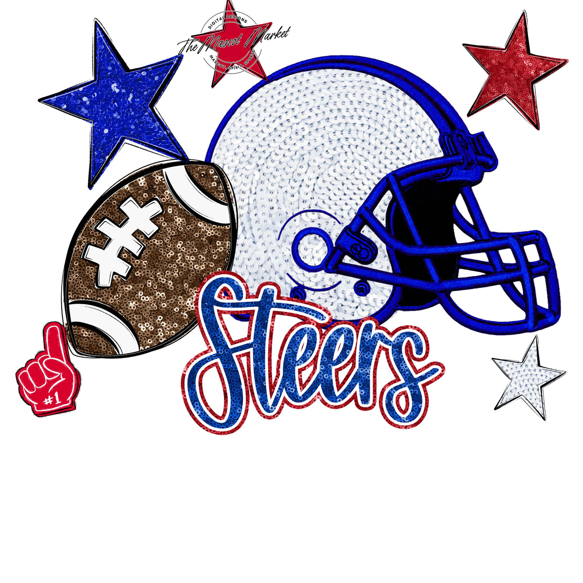 Steers Football Embroidered Sequins Design-Royal Blue & Red