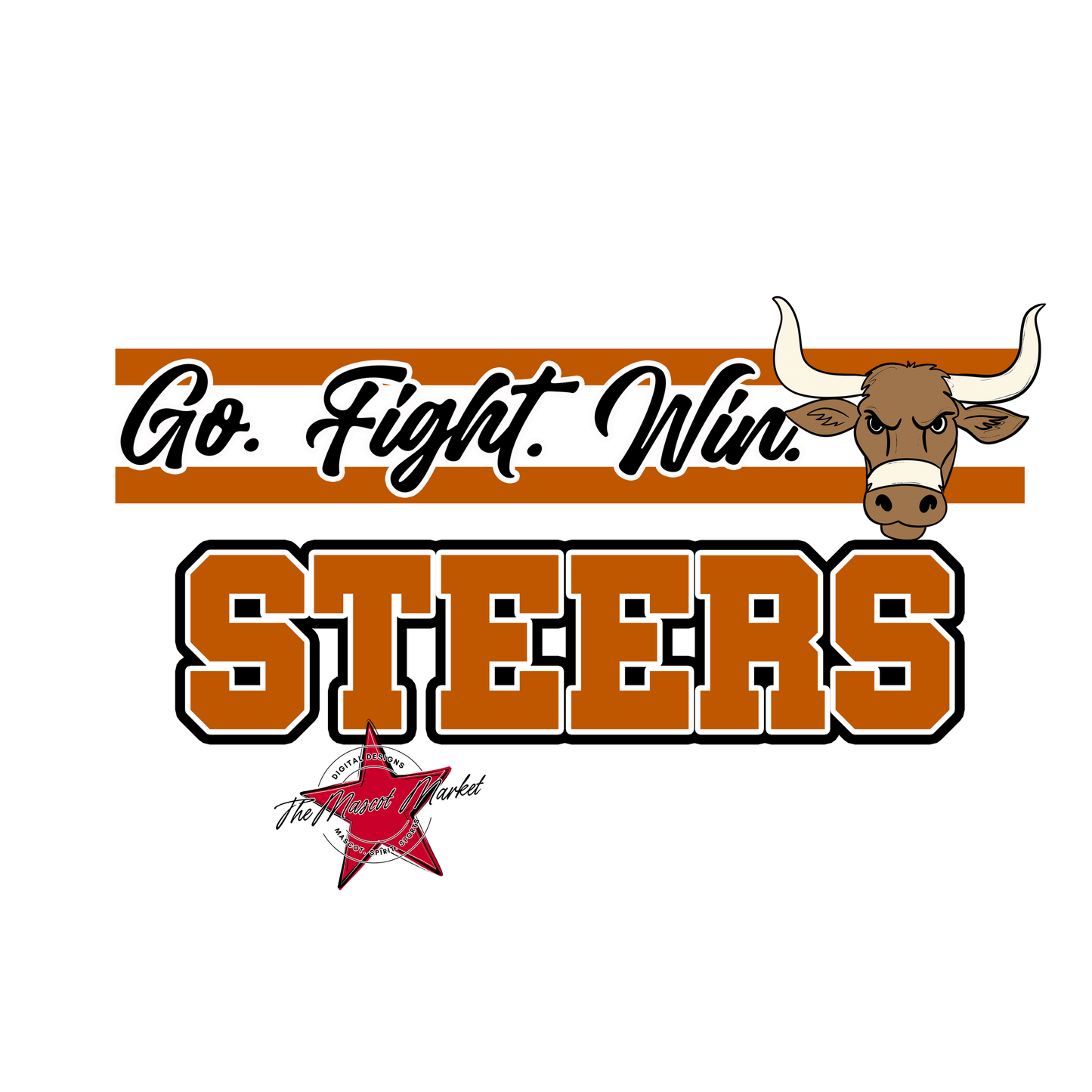 Steers Go Fight Win Mascot Lines-Burnt Orange