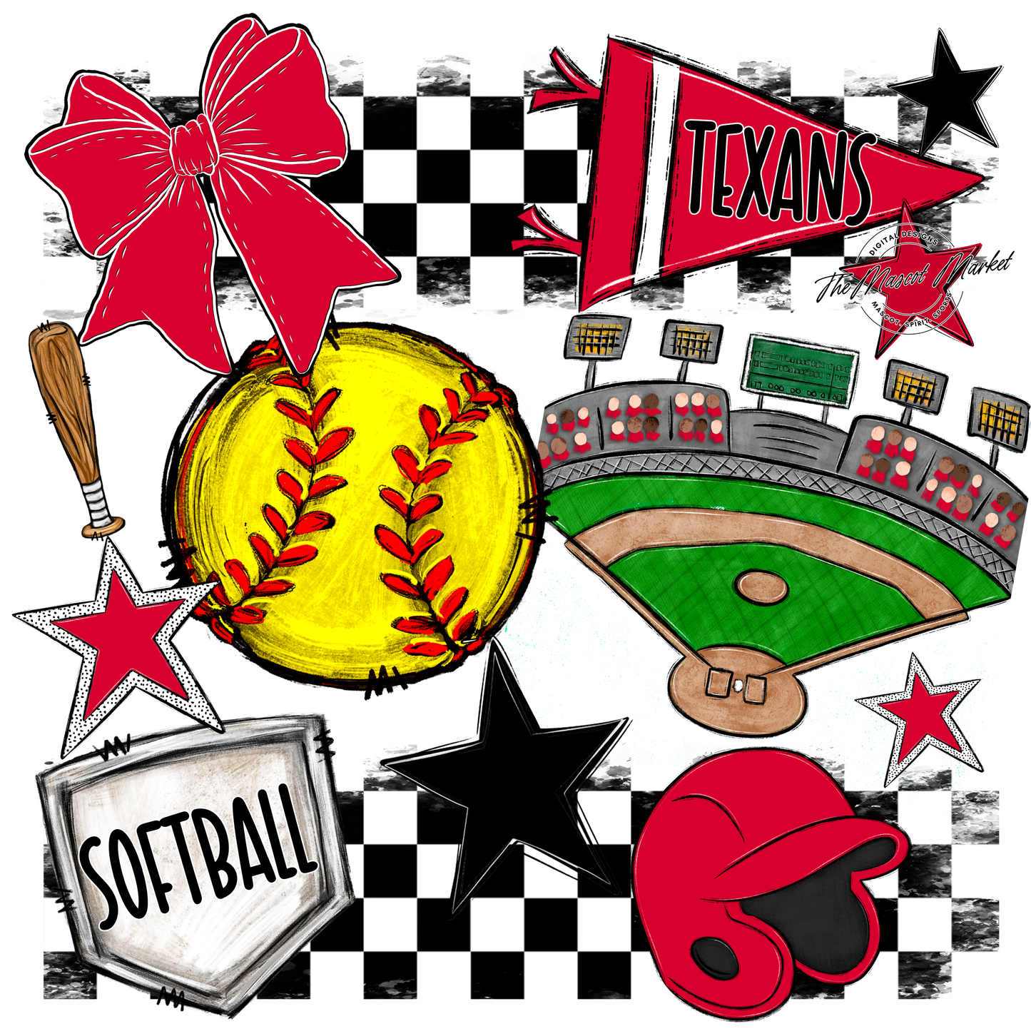 Texans Checkers Softball Spirit Design-Red