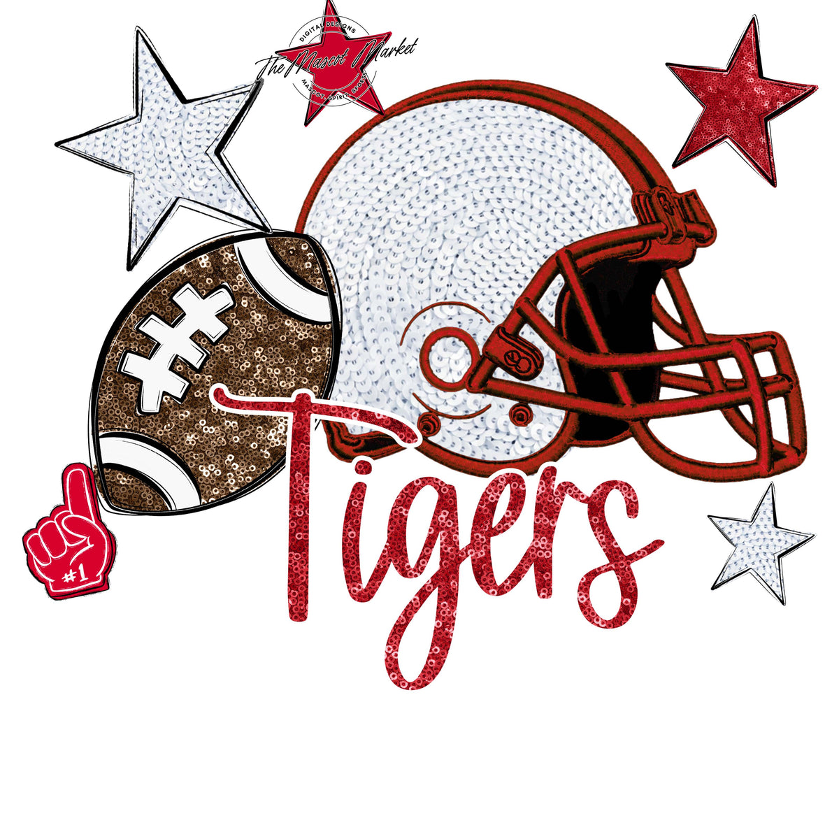 Tigers Football Embroidered Sequins Design-Red
