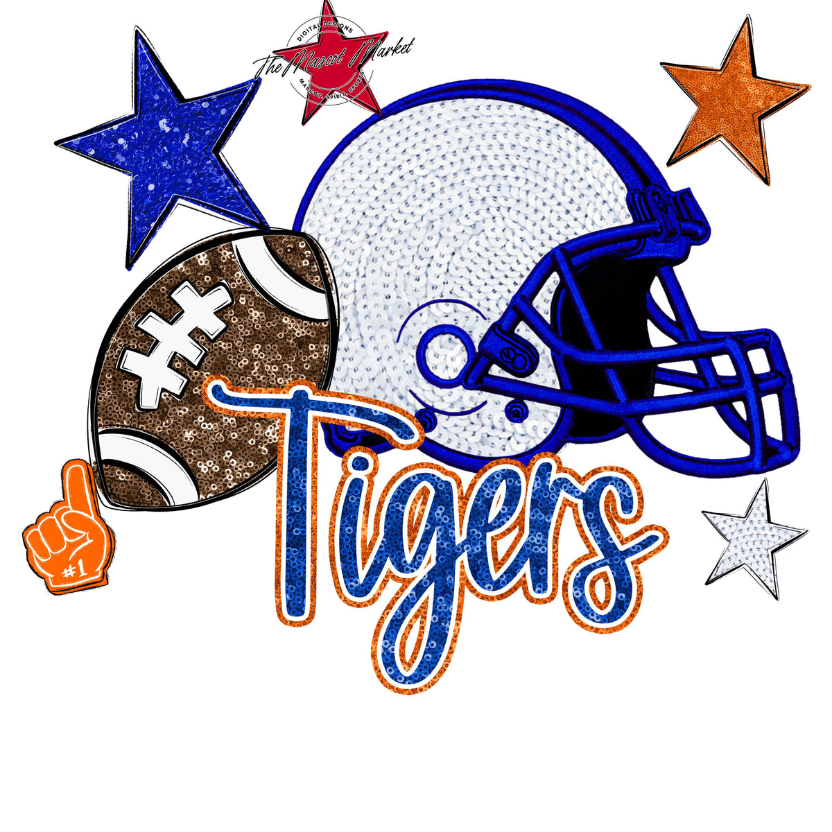 Tigers Football Embroidered Sequins Design-Royal Blue & Orange