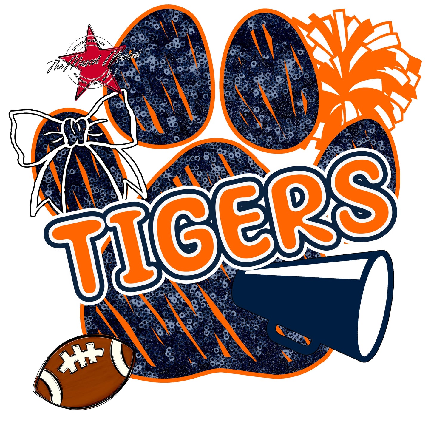 Tigers Sequins Paw Print Design-Navy & Orange