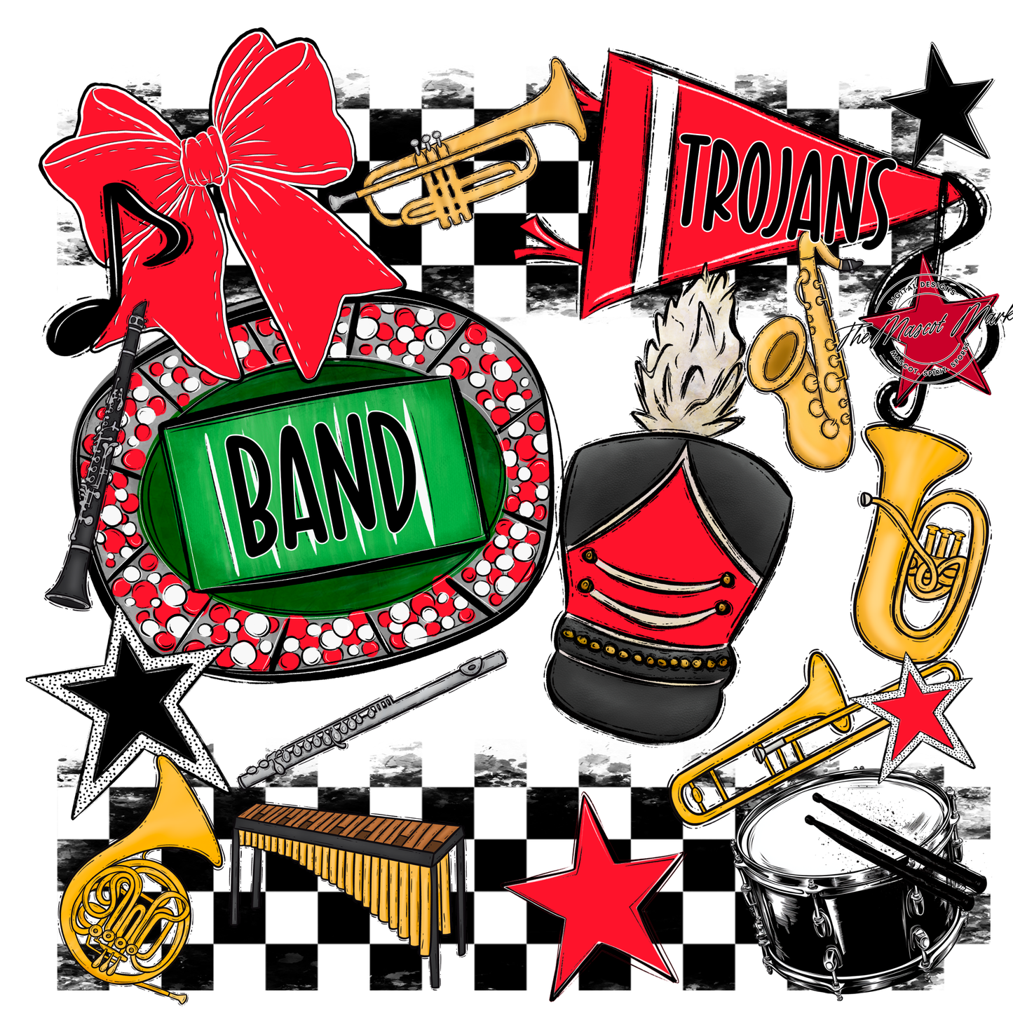 Trojans Checkers Band Spirit Design-Bright Red