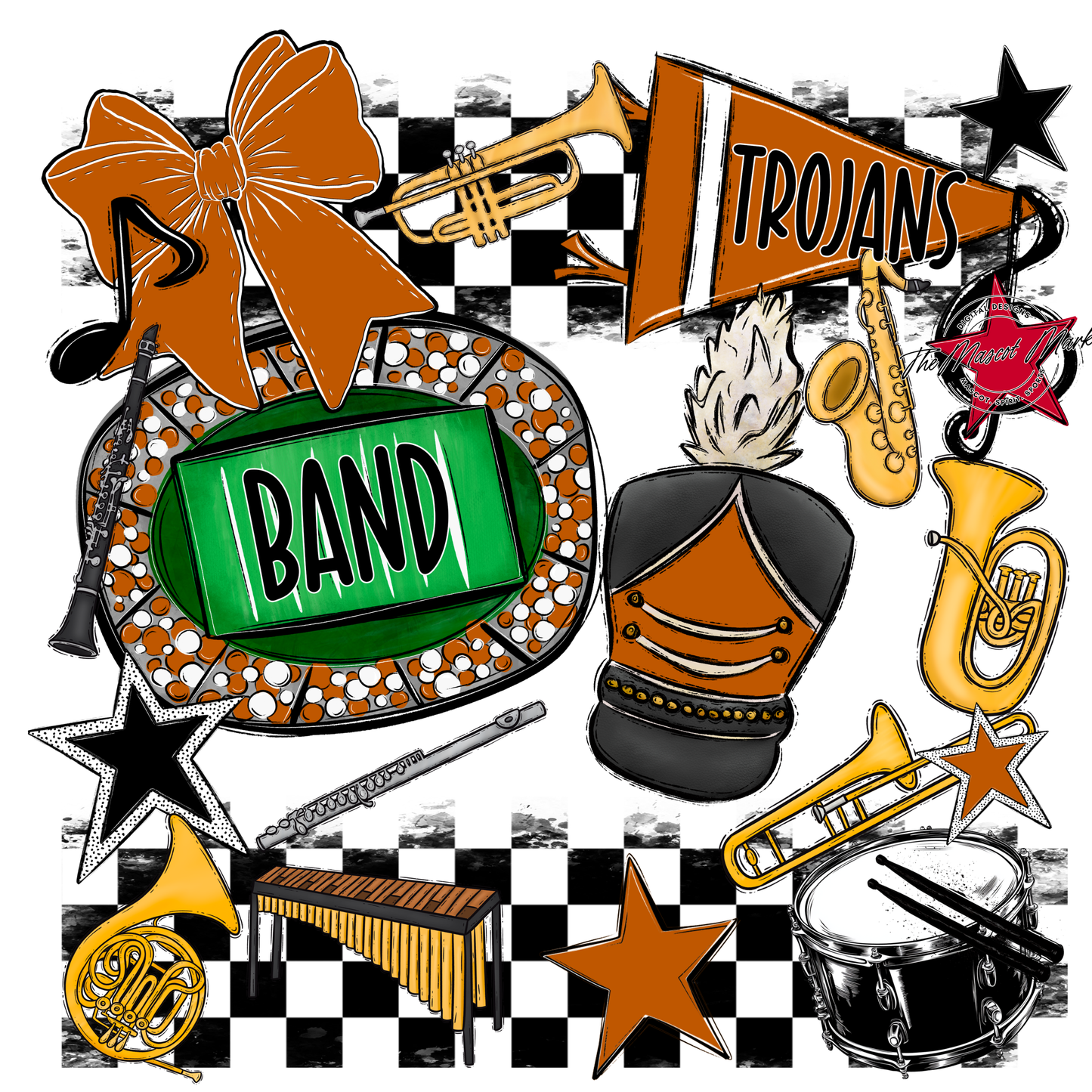 Trojans Checkers Band Spirit Design-Burnt Orange