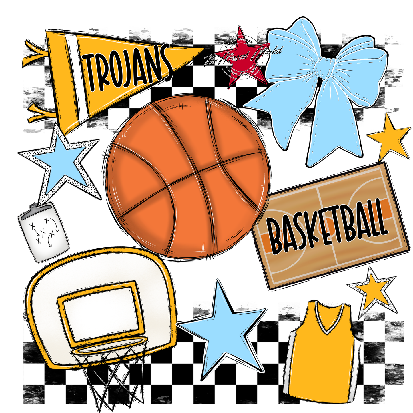 Trojans Checkers Basketball Spirit Design-Columbia Blue-Yellow
