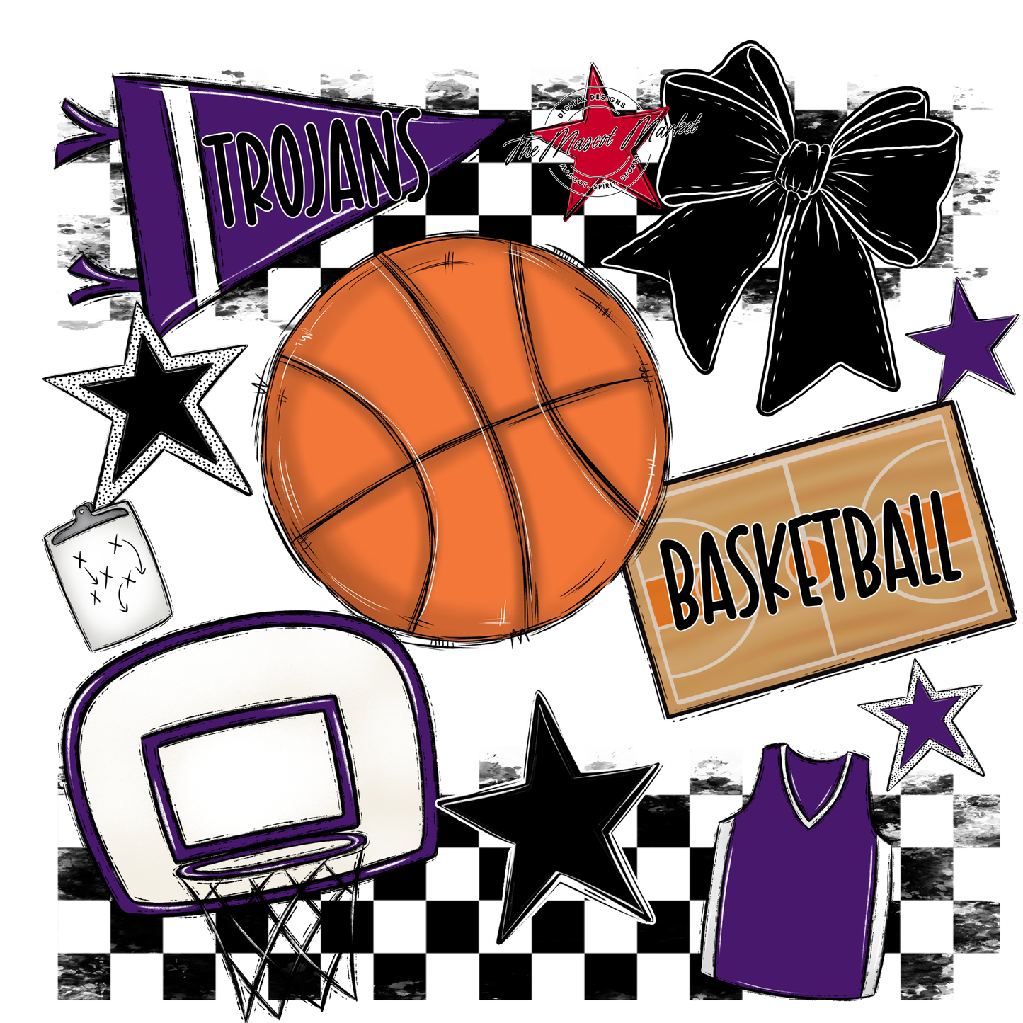 Trojans Checkers Basketball Spirit Design-Purple