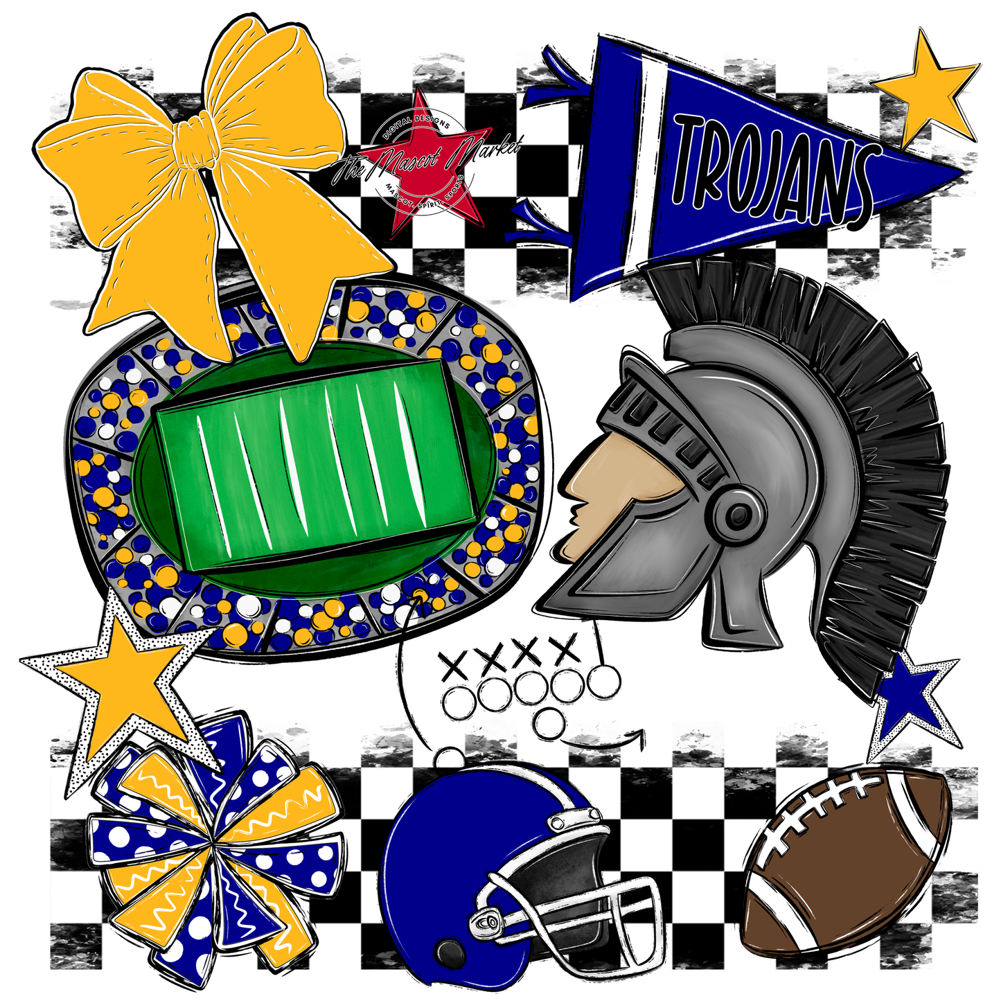 Trojans Checkers Mascot Spirit Design-Blue-Yellow
