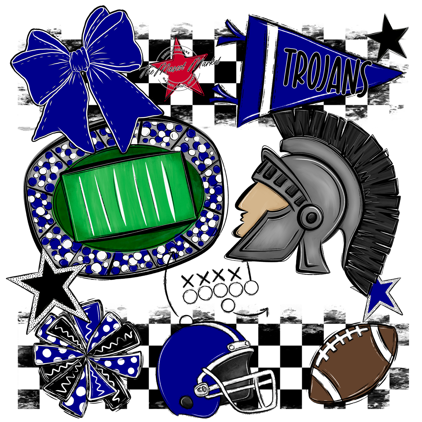 Trojans Checkers Mascot Spirit Design-Blue