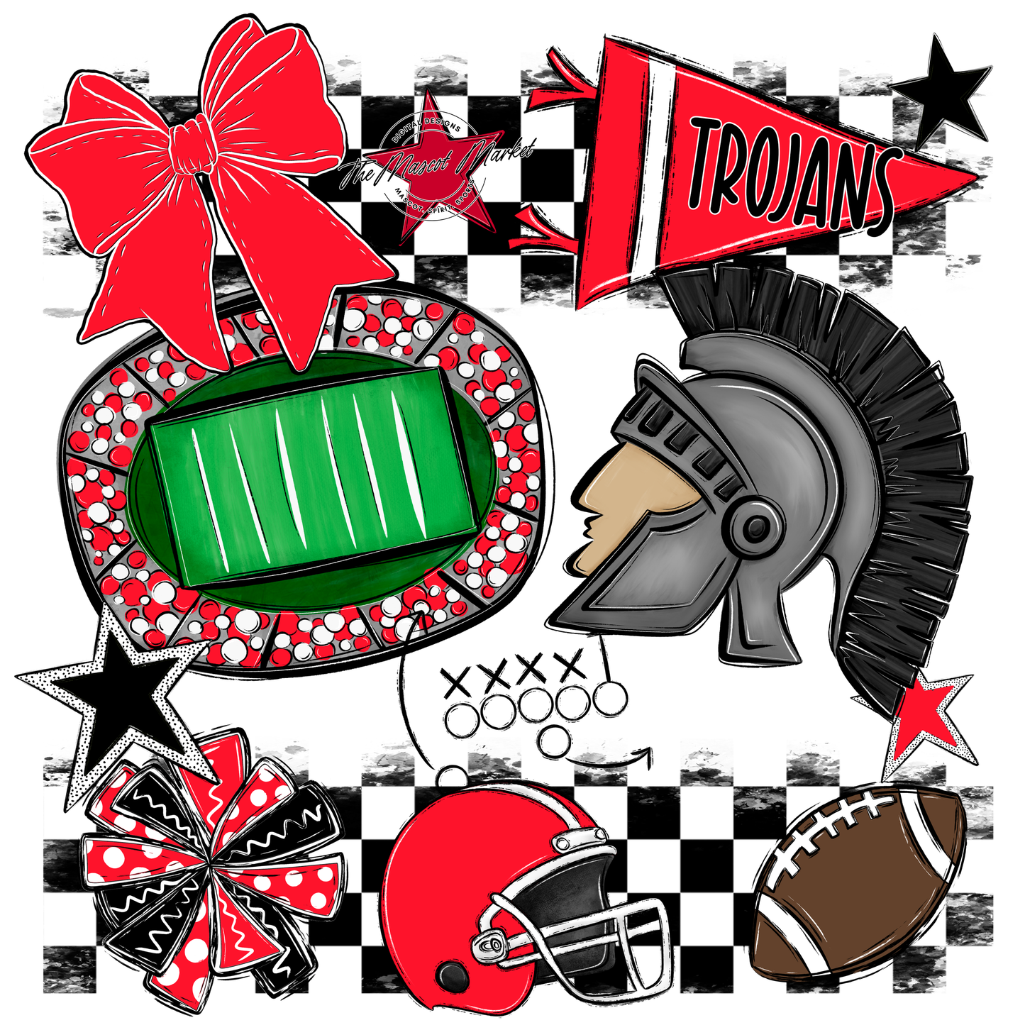 Trojans Checkers Mascot Spirit Design-Bright Red