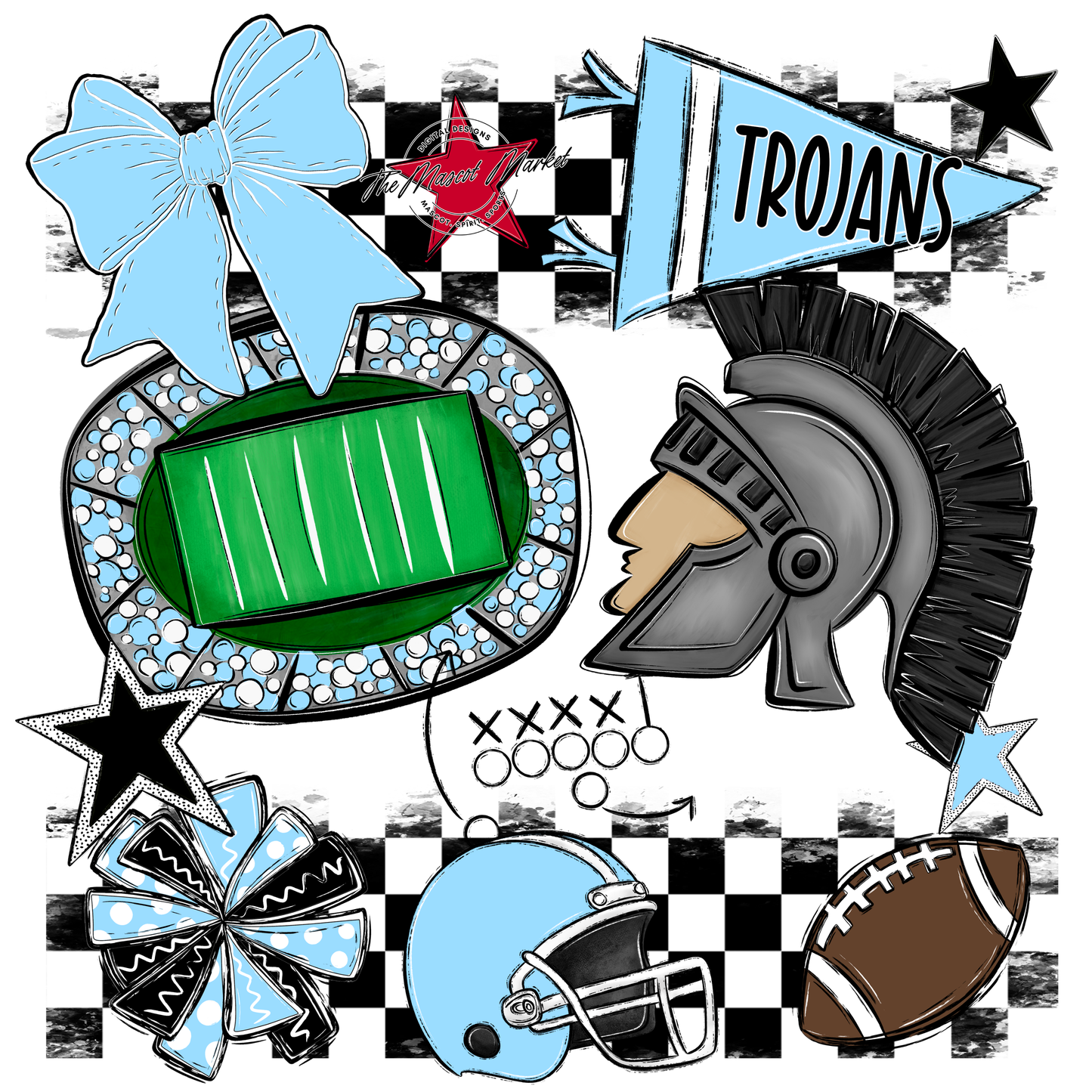 Trojans Checkers Mascot Spirit Design-Columbia Blue