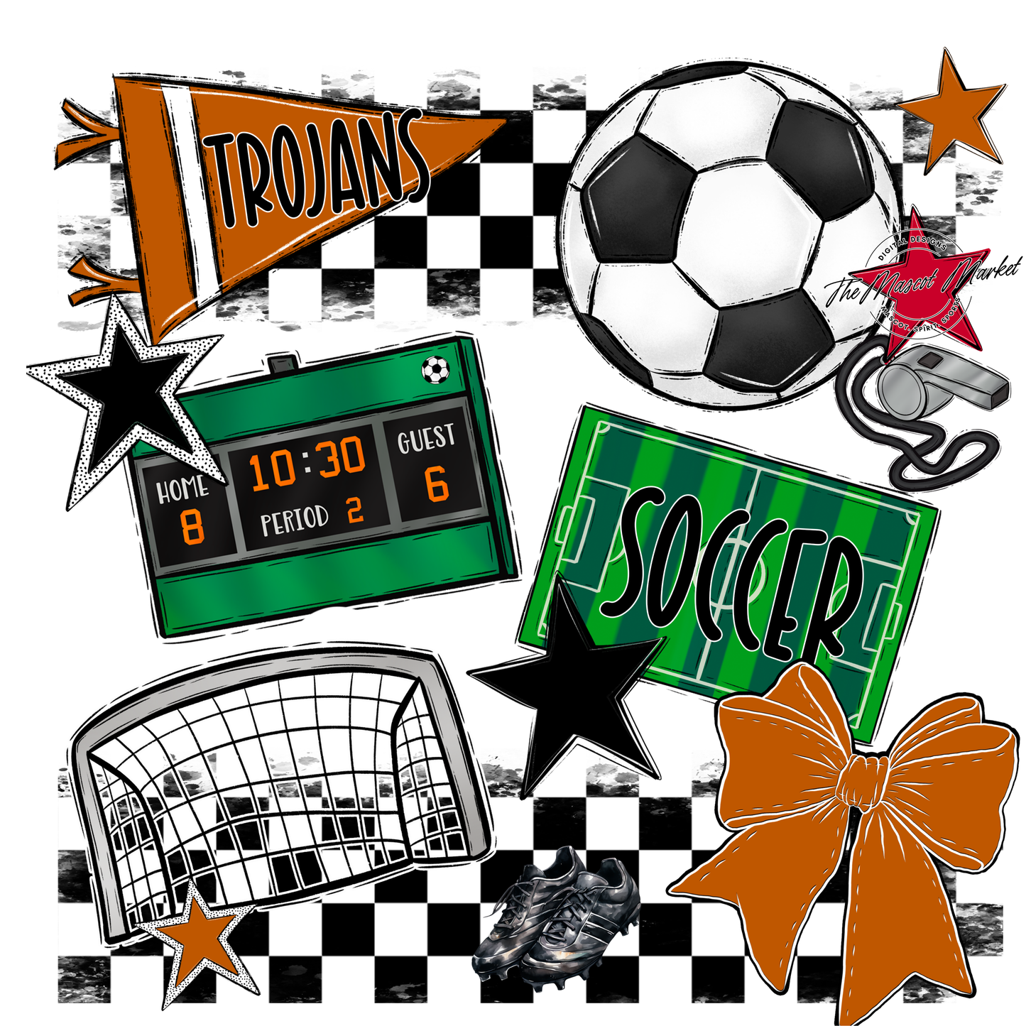 Trojans Checkers Soccer Spirit Design-Burnt Orange
