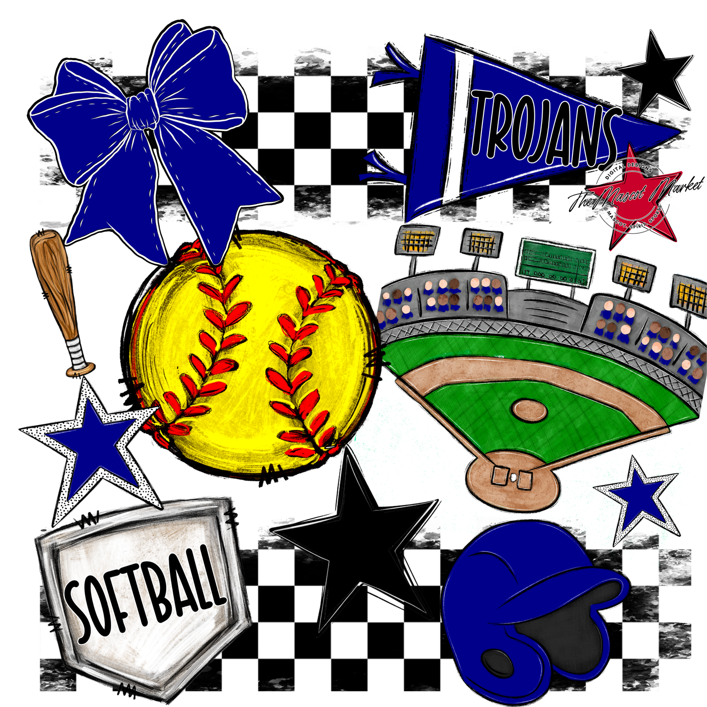 Trojans Checkers Softball Spirit Design-Blue