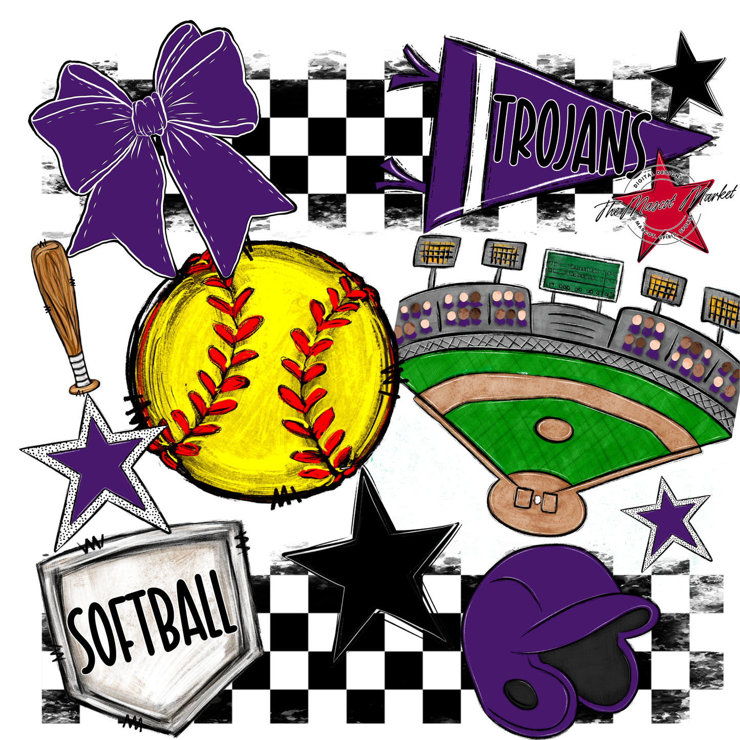 Trojans Checkers Softball Spirit Design-Purple