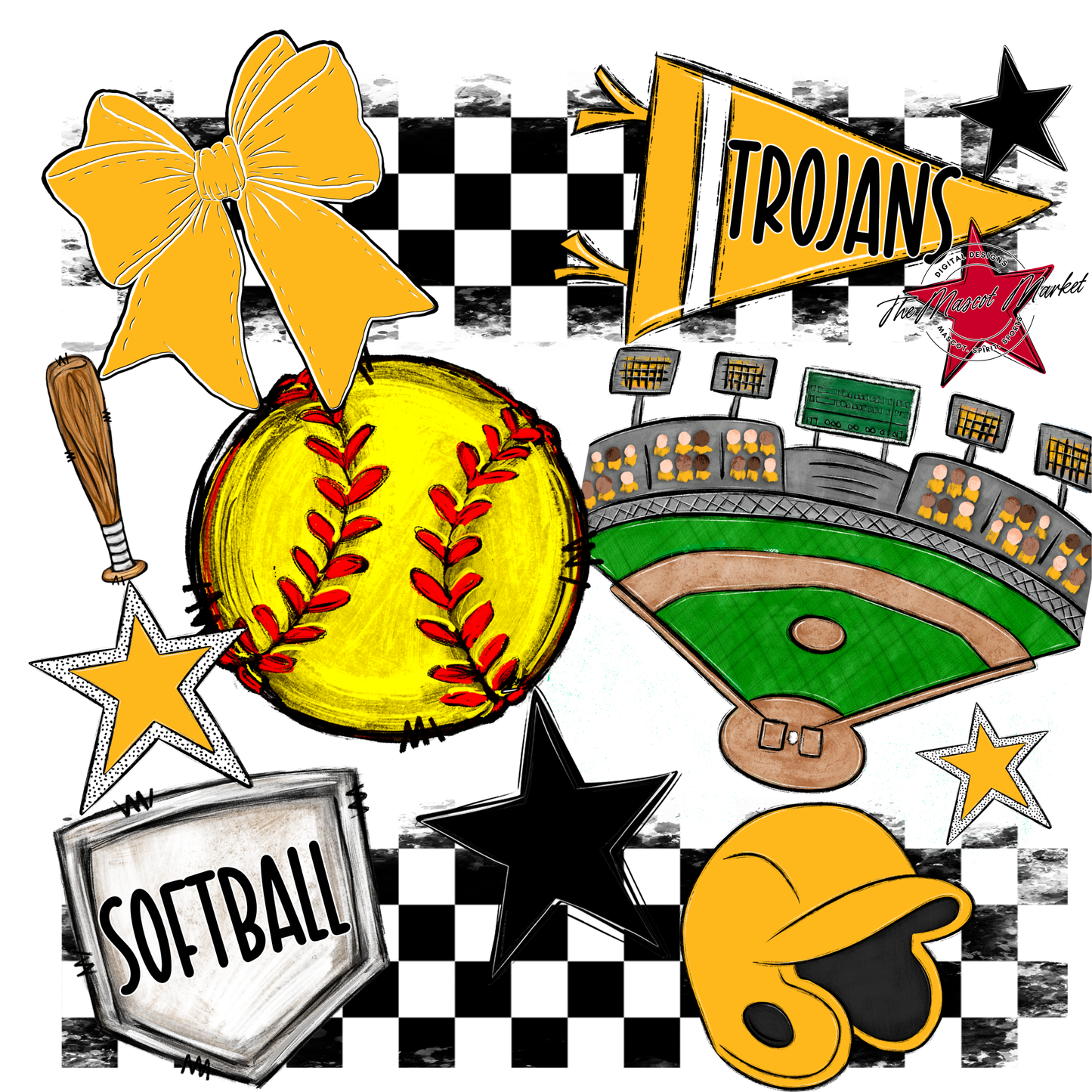 Trojans Checkers Softball Spirit Design-Yellow
