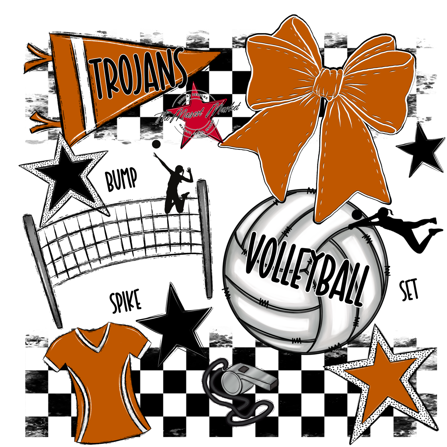 Trojans Checkers Volleyball Spirit Design-Burnt Orange