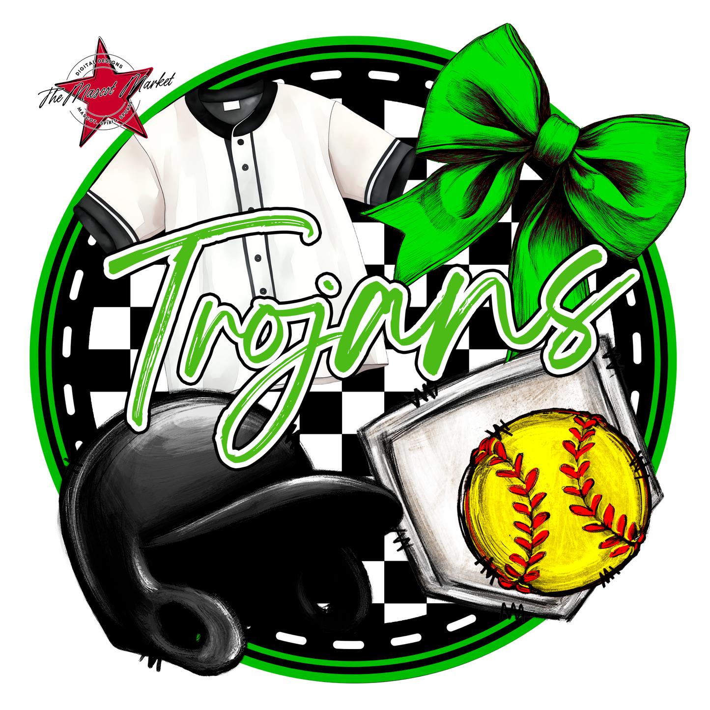 Trojans Circle Softball Design-Bright Green