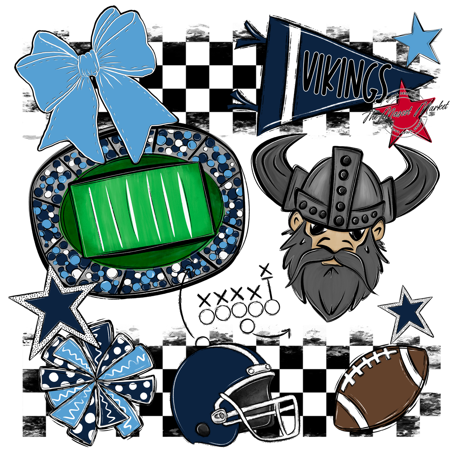 Vikings Checkers Mascot Spirit Design-Navy-Carolina Blue