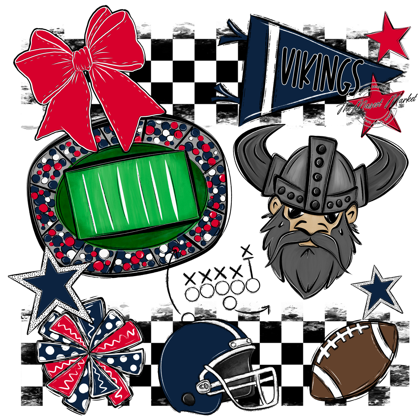 Vikings Checkers Mascot Spirit Design-Navy-Red