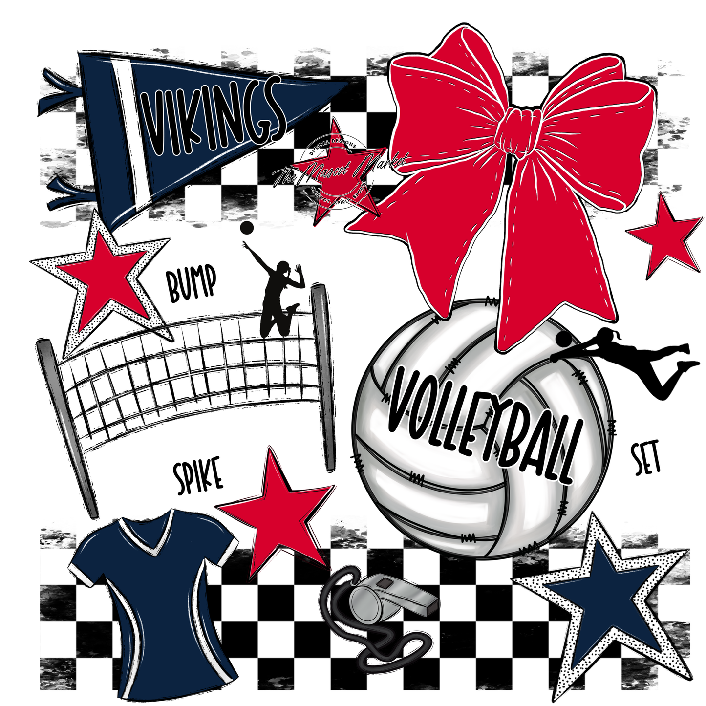 Vikings Checkers Volleyball Spirit Design-Navy-Red
