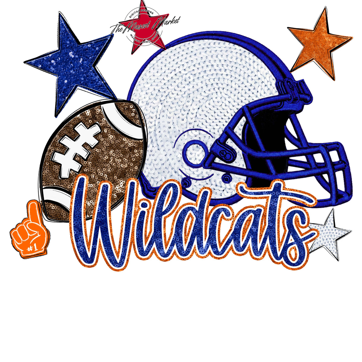 Wildcats Football Embroidered Sequins Design-Blue & Orange