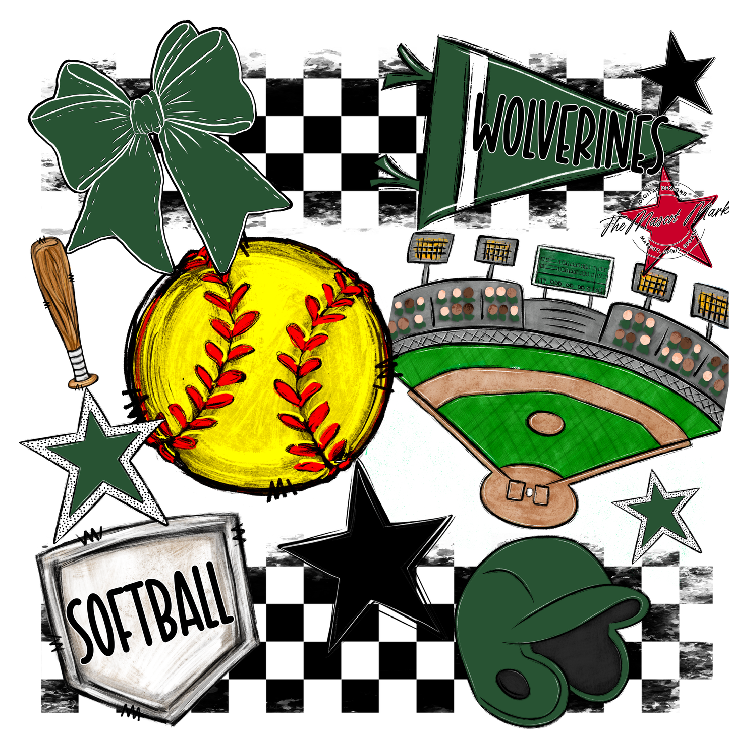 Wolverines Checkers Softball Spirit Design-Green
