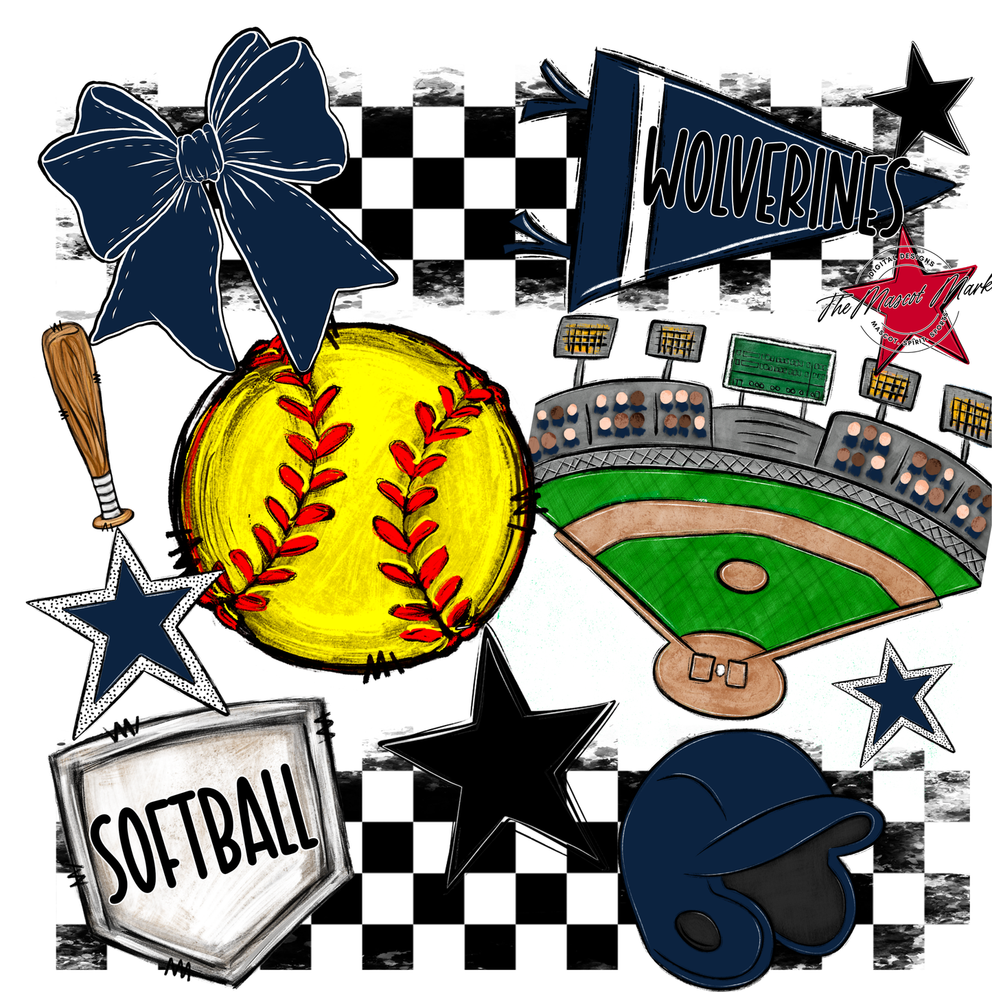 Wolverines Checkers Softball Spirit Design-Navy