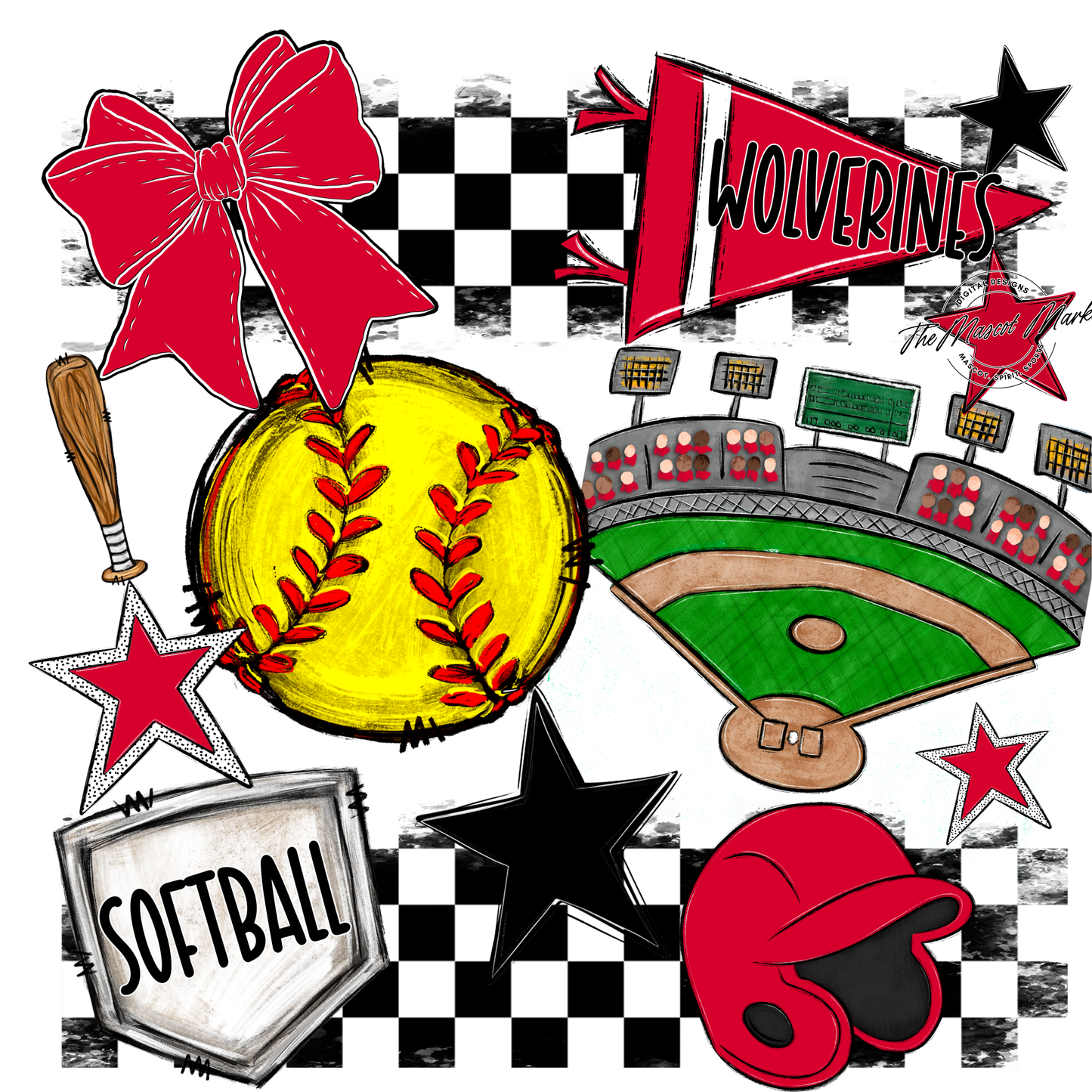 Wolverines Checkers Softball Spirit Design-Red