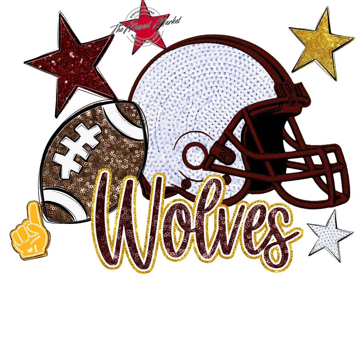 Wolves Football Embroidered Sequins Design-Maroon & Yellow