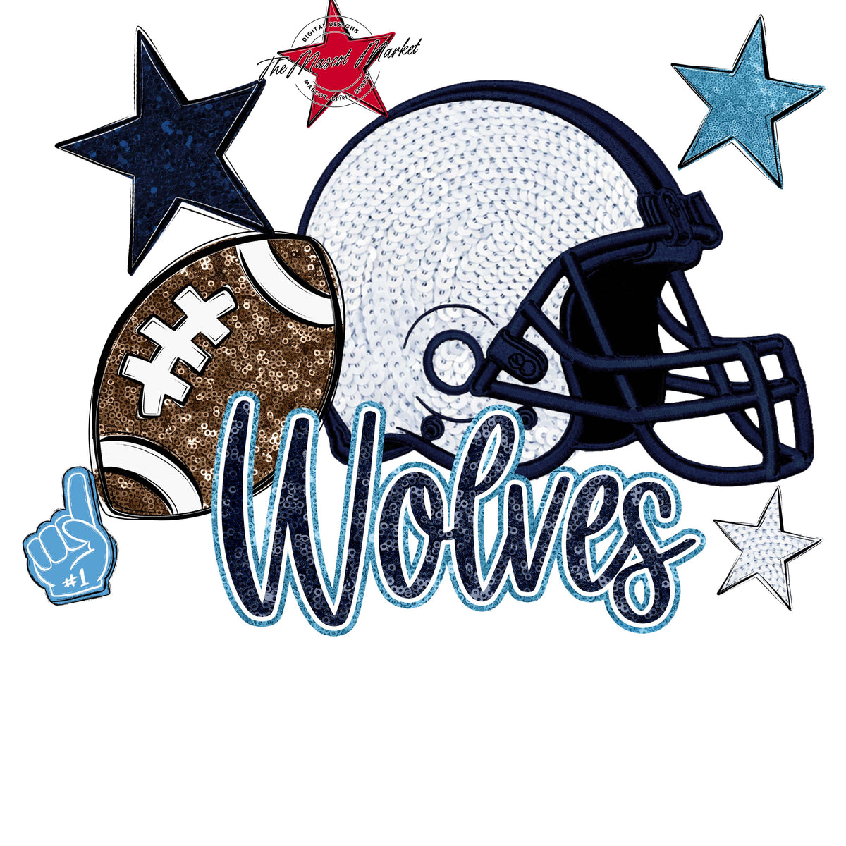 Wolves Football Embroidered Sequins Design-Navy & Carolina Blue